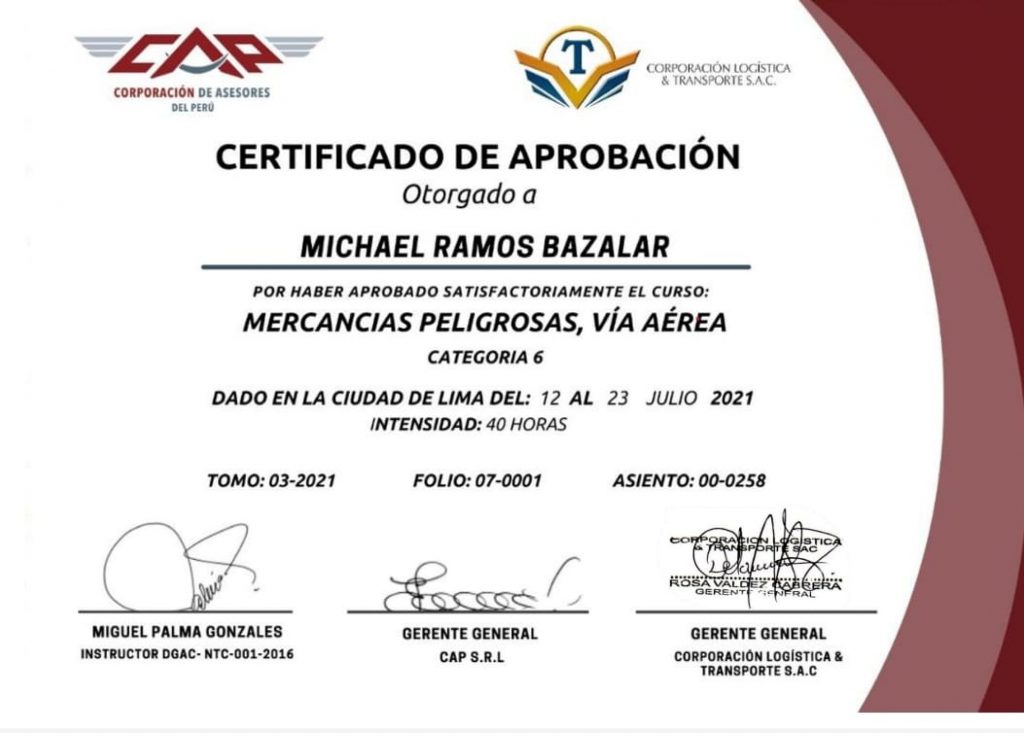 Corporación de Asesores del Perú - Mercancías Peligrosas, Vía Aérea