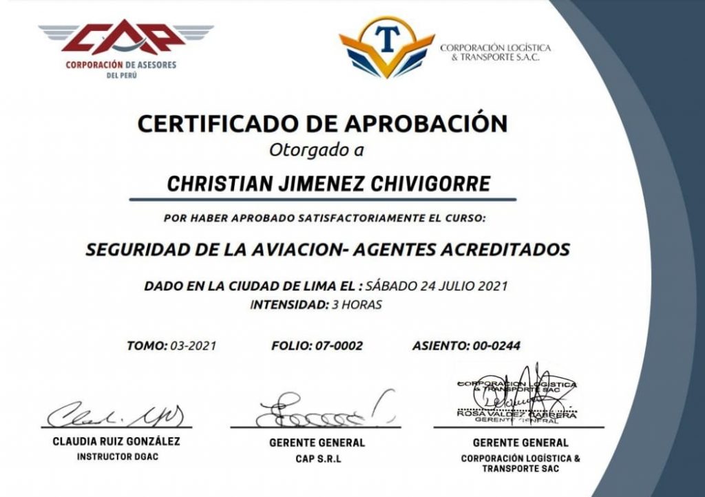 Corporación de Asesores del Perú - Seguridad de la aviación (Agentes acreditados)